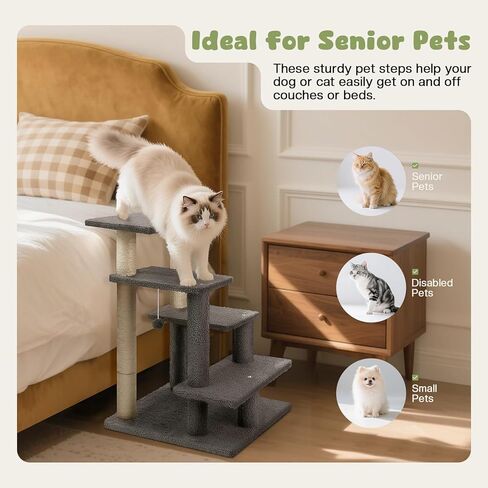 4-Step Pet Steps for Cats/Dogs, Cat Stairs with Sisal Scratching Post, Cat Steps for Older Cats with Enlarge Perch, Pet Stairs for High Bed and Couch in Kuwait
