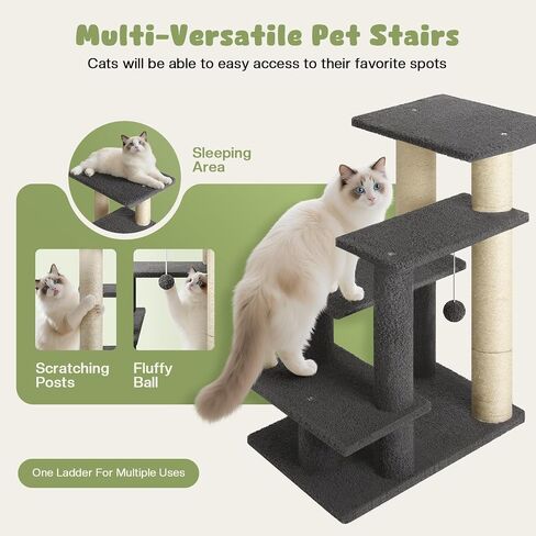 4-Step Pet Steps for Cats/Dogs, Cat Stairs with Sisal Scratching Post, Cat Steps for Older Cats with Enlarge Perch, Pet Stairs for High Bed and Couch in Kuwait