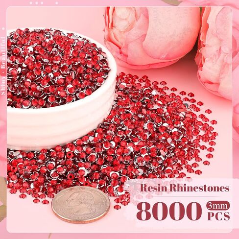 8000PCS 3mm Resin Rhinestones Bulk for Crafting (Red), Flatback Bedazzling Crystals for Crafts DIY Nail Decoration, Gems Charms for Tumbler Shoes Clothing Fabric with Pickup Pen and Tweezers in Kuwait