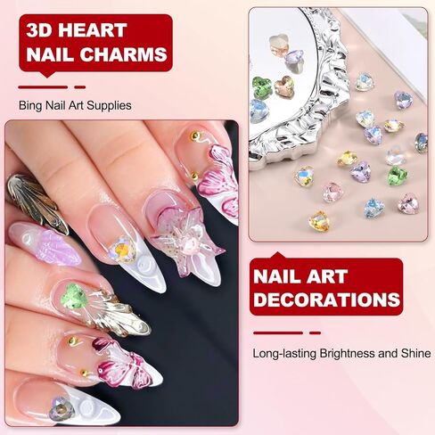 Meccanixity 5 PCS 3D Heart Light Nail Nail Rhinestons K9 Glass Crystal Rhinestones مدببة للخلف بالأحجار الكريمة القلبية الملتوية لسحر الأظافر Art DIY Craft 8x8mm in Kuwait