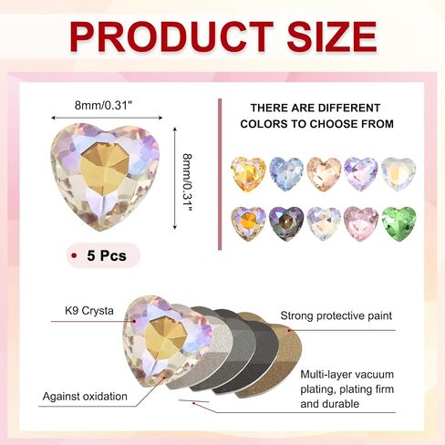 Meccanixity 5 PCS 3D Heart Light Nail Nail Rhinestons K9 Glass Crystal Rhinestones مدببة للخلف بالأحجار الكريمة القلبية الملتوية لسحر الأظافر Art DIY Craft 8x8mm in Kuwait
