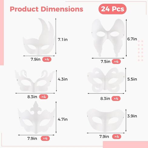 24 White Half-Face Masquerade Masks, Diy Pulp Mask Set With 6 Artistic Styles, Paintable Costume Masks For Stage & Festivals in Saudi Arabia