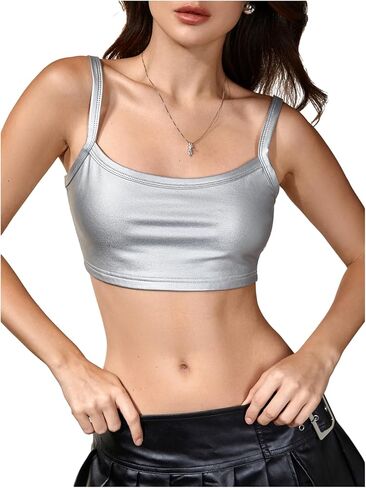 MakeMeChic Women's Faux PU Leather Sleeveless Spaghetti Strap Crop Cami Top in Kuwait