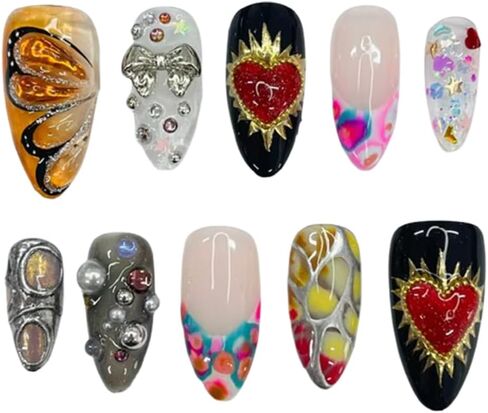 Spring Color Freestyle Handmade Press on nails, Long Short Press Nails Tips Full Cover 10Pcs Spring Color Freestyle Press on Nails Fake Nails 3D Easy Wear in Saudi Arabia