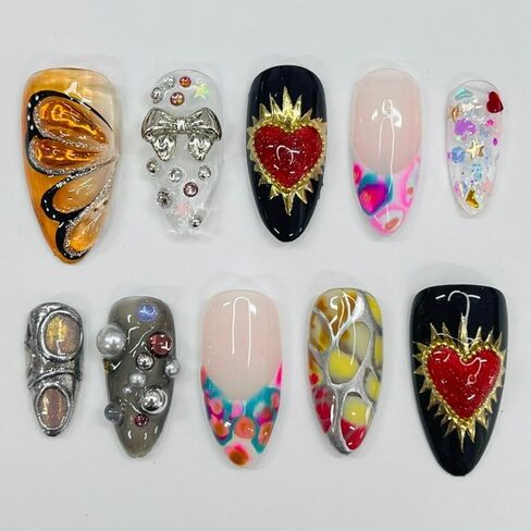 Spring Color Freestyle Handmade Press on nails, Long Short Press Nails Tips Full Cover 10Pcs Spring Color Freestyle Press on Nails Fake Nails 3D Easy Wear in Saudi Arabia