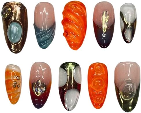 Free style 3D Handmade Press on nails, Long Short Press Nails Tips Full Cover 10Pcs Free style 3D Press on Nails Fake Nails 3D Easy Wear in Saudi Arabia