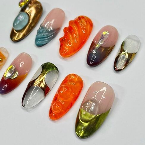 Free style 3D Handmade Press on nails, Long Short Press Nails Tips Full Cover 10Pcs Free style 3D Press on Nails Fake Nails 3D Easy Wear in Saudi Arabia