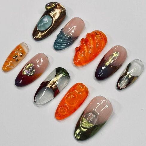 Free style 3D Handmade Press on nails, Long Short Press Nails Tips Full Cover 10Pcs Free style 3D Press on Nails Fake Nails 3D Easy Wear in Saudi Arabia