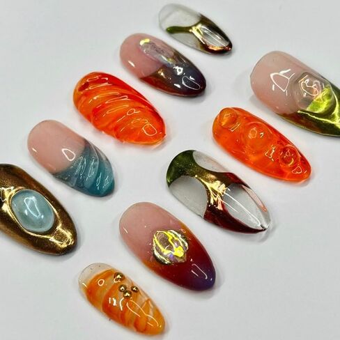Free style 3D Handmade Press on nails, Long Short Press Nails Tips Full Cover 10Pcs Free style 3D Press on Nails Fake Nails 3D Easy Wear in Saudi Arabia