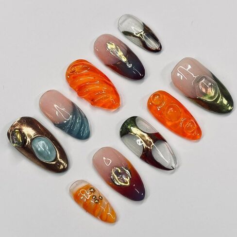 Free style 3D Handmade Press on nails, Long Short Press Nails Tips Full Cover 10Pcs Free style 3D Press on Nails Fake Nails 3D Easy Wear in Saudi Arabia