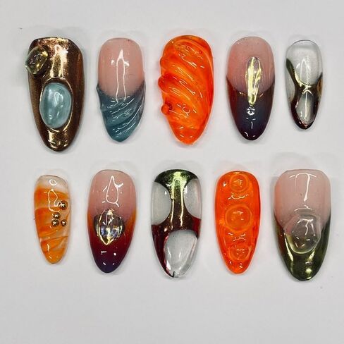Free style 3D Handmade Press on nails, Long Short Press Nails Tips Full Cover 10Pcs Free style 3D Press on Nails Fake Nails 3D Easy Wear in Saudi Arabia