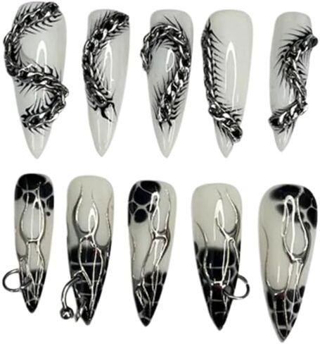 Silver Reptiles Black Blooming Handmade Press on nails, Long Short Press Nails Tips Full Cover 10Pcs Silver Reptiles Black Blooming Press on Nails Fake Nails 3D Easy Wear in Saudi Arabia