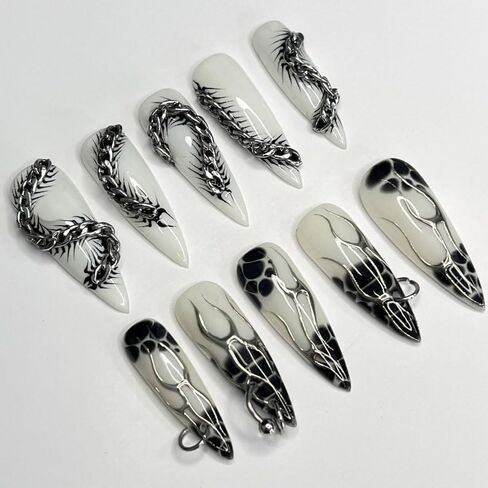 Silver Reptiles Black Blooming Handmade Press on nails, Long Short Press Nails Tips Full Cover 10Pcs Silver Reptiles Black Blooming Press on Nails Fake Nails 3D Easy Wear in Saudi Arabia