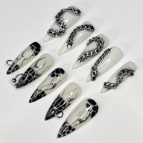 Silver Reptiles Black Blooming Handmade Press on nails, Long Short Press Nails Tips Full Cover 10Pcs Silver Reptiles Black Blooming Press on Nails Fake Nails 3D Easy Wear in Saudi Arabia