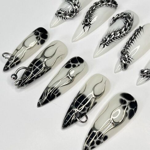 Silver Reptiles Black Blooming Handmade Press on nails, Long Short Press Nails Tips Full Cover 10Pcs Silver Reptiles Black Blooming Press on Nails Fake Nails 3D Easy Wear in Saudi Arabia
