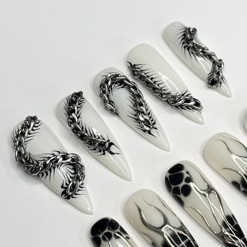 Silver Reptiles Black Blooming Handmade Press on nails, Long Short Press Nails Tips Full Cover 10Pcs Silver Reptiles Black Blooming Press on Nails Fake Nails 3D Easy Wear in Saudi Arabia