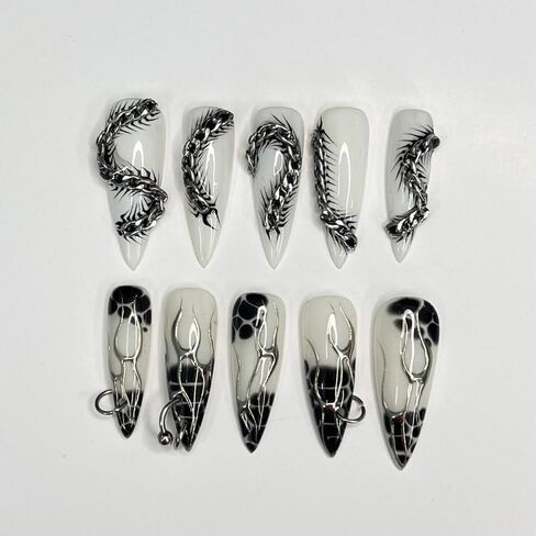 Silver Reptiles Black Blooming Handmade Press on nails, Long Short Press Nails Tips Full Cover 10Pcs Silver Reptiles Black Blooming Press on Nails Fake Nails 3D Easy Wear in Saudi Arabia