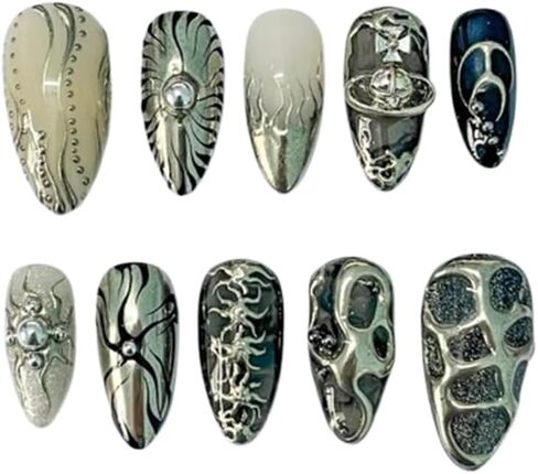 Freestyle 3D Gothic Handmade Press on Nails ، Long Press Press Nails Tips Full Cover 10pcs Freestyle 3D Gothic Press on Nails Fake Nails 3D Easy Wear in Saudi Arabia