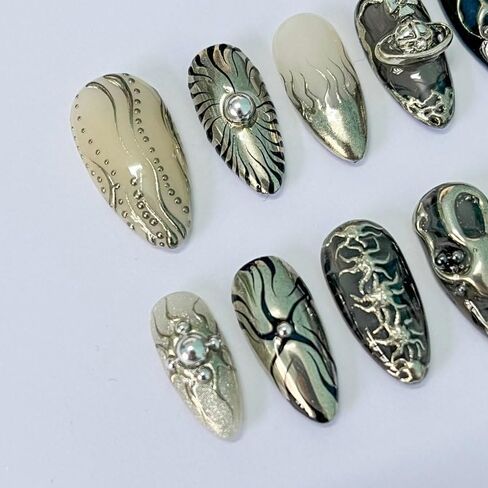Freestyle 3D Gothic Handmade Press on Nails ، Long Press Press Nails Tips Full Cover 10pcs Freestyle 3D Gothic Press on Nails Fake Nails 3D Easy Wear in Saudi Arabia