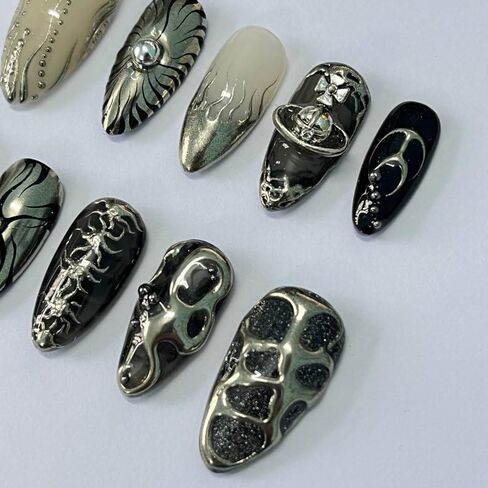 Freestyle 3D Gothic Handmade Press on Nails ، Long Press Press Nails Tips Full Cover 10pcs Freestyle 3D Gothic Press on Nails Fake Nails 3D Easy Wear in Saudi Arabia