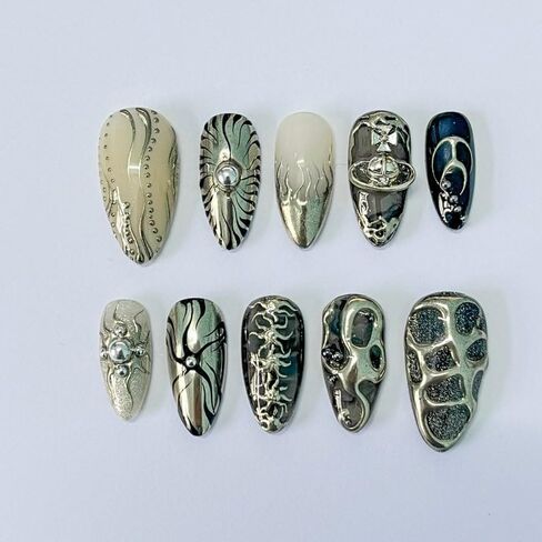 Freestyle 3D Gothic Handmade Press on Nails ، Long Press Press Nails Tips Full Cover 10pcs Freestyle 3D Gothic Press on Nails Fake Nails 3D Easy Wear in Saudi Arabia