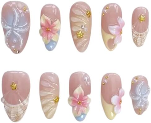 Starfish Bloom Elegance Handmade Press on nails, Long Short Press Nails Tips Full Cover 10Pcs Starfish Bloom Elegance Press on Nails Fake Nails 3D Easy Wear in Saudi Arabia