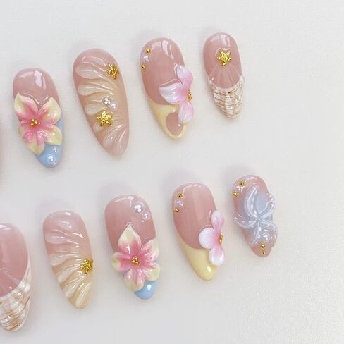 Starfish Bloom Elegance Handmade Press on nails, Long Short Press Nails Tips Full Cover 10Pcs Starfish Bloom Elegance Press on Nails Fake Nails 3D Easy Wear in Saudi Arabia