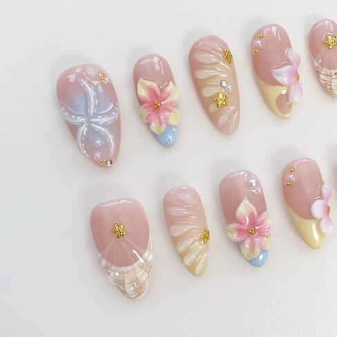 Starfish Bloom Elegance Handmade Press on nails, Long Short Press Nails Tips Full Cover 10Pcs Starfish Bloom Elegance Press on Nails Fake Nails 3D Easy Wear in Saudi Arabia