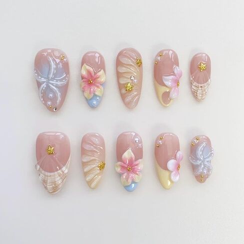 Starfish Bloom Elegance Handmade Press on nails, Long Short Press Nails Tips Full Cover 10Pcs Starfish Bloom Elegance Press on Nails Fake Nails 3D Easy Wear in Saudi Arabia