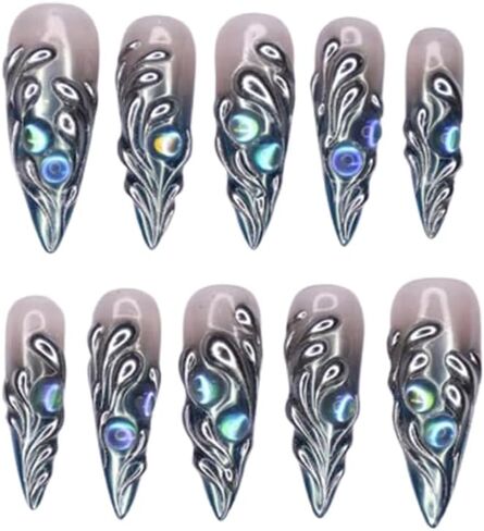 Freestyle 3D Chrome Handmade Press on Nails ، Long Press Press Nails Tips Cover Cover 10pcs Freestyle 3D Chrome Press on Nails Fake Nails 3D Easy Wear in Saudi Arabia