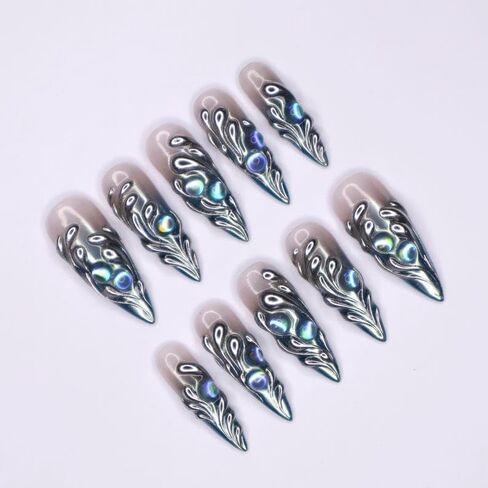 Freestyle 3D Chrome Handmade Press on Nails ، Long Press Press Nails Tips Cover Cover 10pcs Freestyle 3D Chrome Press on Nails Fake Nails 3D Easy Wear in Saudi Arabia