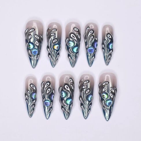 Freestyle 3D Chrome Handmade Press on Nails ، Long Press Press Nails Tips Cover Cover 10pcs Freestyle 3D Chrome Press on Nails Fake Nails 3D Easy Wear in Saudi Arabia