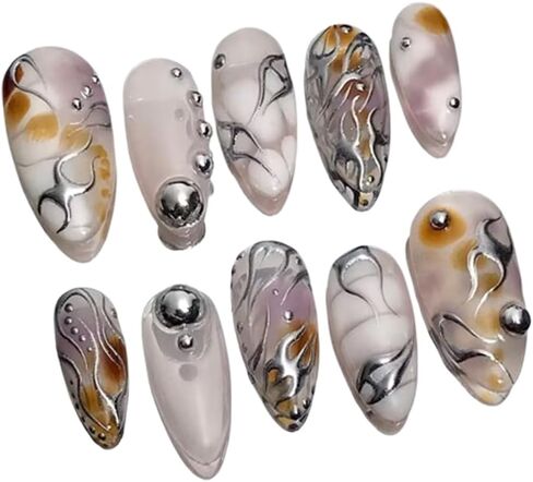 Cat Lover Chrome Chrome Handmade Press on Nails ، Long Press Press Nails Tips Full Cover 10pcs Cat Lover Chrome Press on Nails Fake Nails 3D Easy Wear in Saudi Arabia