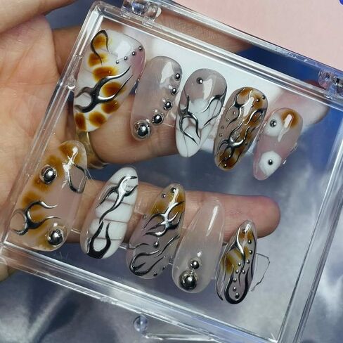 Cat Lover Chrome Chrome Handmade Press on Nails ، Long Press Press Nails Tips Full Cover 10pcs Cat Lover Chrome Press on Nails Fake Nails 3D Easy Wear in Saudi Arabia