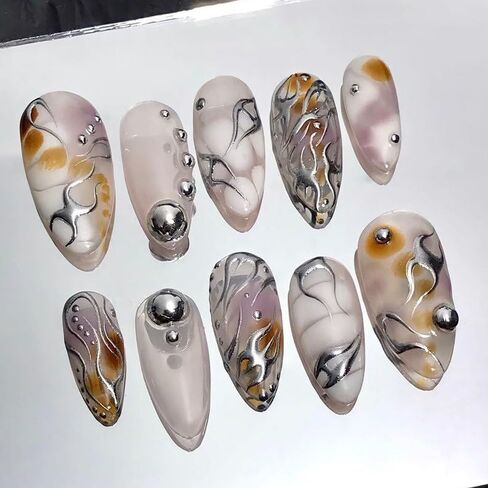 Cat Lover Chrome Chrome Handmade Press on Nails ، Long Press Press Nails Tips Full Cover 10pcs Cat Lover Chrome Press on Nails Fake Nails 3D Easy Wear in Saudi Arabia