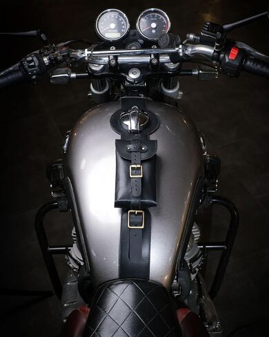 Trip Machine Company Genuine Leather Moto Exclusive Fuel Tank Strap, Handcrafted Adjustable Vertical Mount - For RE Interceptor/GT 650 (Tank Strap & Pouch, Black) in Saudi Arabia