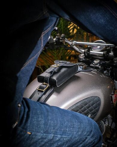 Trip Machine Company Genuine Leather Moto Exclusive Fuel Tank Strap, Handcrafted Adjustable Vertical Mount - For RE Interceptor/GT 650 (Tank Strap & Pouch, Black) in Saudi Arabia