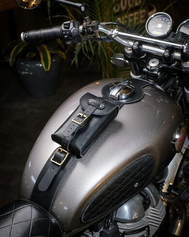 Trip Machine Company Genuine Leather Moto Exclusive Fuel Tank Strap, Handcrafted Adjustable Vertical Mount - For RE Interceptor/GT 650 (Tank Strap & Pouch, Black) in Saudi Arabia