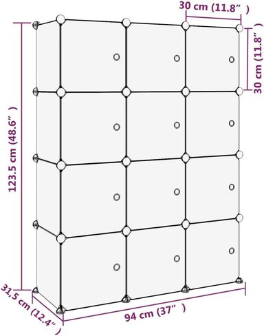 منظم تخزين 15-Cube مع تصميم معياري ، إطار من مادة البولي بروبيلين والصلب المقاوم للماء للتنظيم المنزلي شفاف ، 12.6 × 61 × 60.4 في in Saudi Arabia