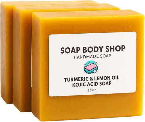 Turmeric Kojic Acid Soap 3-Pack, 3.5 oz Bars – Brightening Face & Body Bar with Lemon Oil – Dark Spot Remover, Even Tone, Acne Scars, Hyperpigmentation – Natural, Handmade Skincare in Saudi Arabia