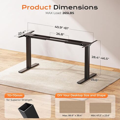 Huuger Dual Motor Electric Standing Desk Frame, Sit Stand up Desk Leg for 47.2" to 86.6" Desktop, Computer Desk Leg with Cable Tray, 3 Memory Height Presets, 2 Hooks, Black Frame Only in Kuwait