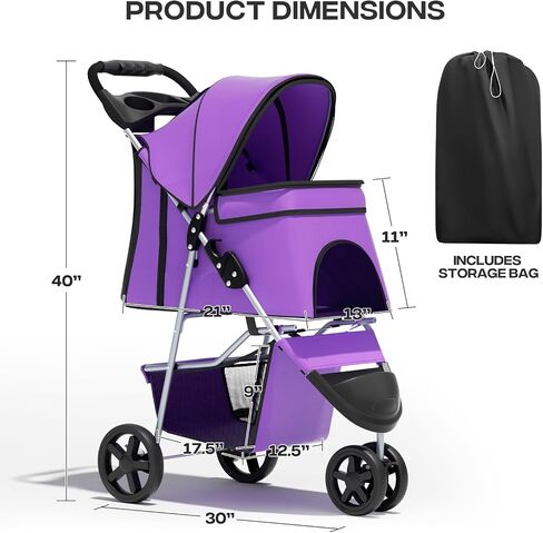 Cat & Dog Stroller, 3-Wheels Foldable Pet Stroller for Medium/Puppy Dogs & Cats, 30 Lbs, Breathable Mesh Navy with Storage Basket & Cup Holder in Kuwait