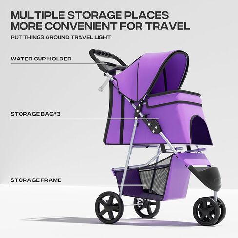Cat & Dog Stroller, 3-Wheels Foldable Pet Stroller for Medium/Puppy Dogs & Cats, 30 Lbs, Breathable Mesh Navy with Storage Basket & Cup Holder in Kuwait
