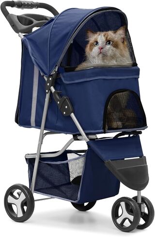 Cat & Dog Stroller, 3-Wheels Foldable Pet Stroller for Medium/Puppy Dogs & Cats, 30 Lbs, Breathable Mesh Navy with Storage Basket & Cup Holder in Kuwait