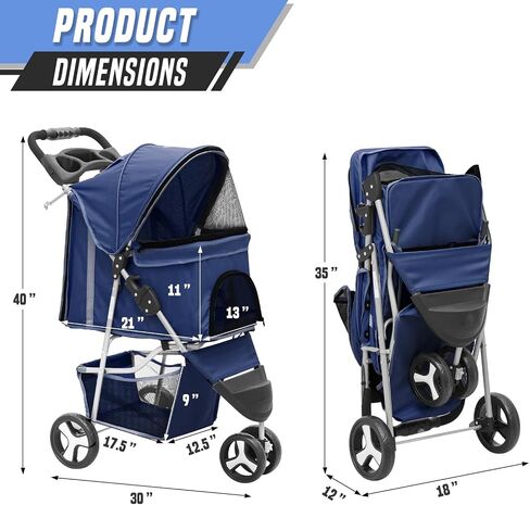 Cat & Dog Stroller, 3-Wheels Foldable Pet Stroller for Medium/Puppy Dogs & Cats, 30 Lbs, Breathable Mesh Navy with Storage Basket & Cup Holder in Kuwait