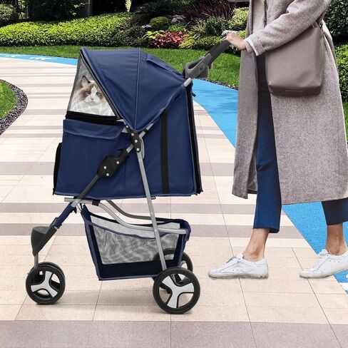 Cat & Dog Stroller, 3-Wheels Foldable Pet Stroller for Medium/Puppy Dogs & Cats, 30 Lbs, Breathable Mesh Navy with Storage Basket & Cup Holder in Kuwait