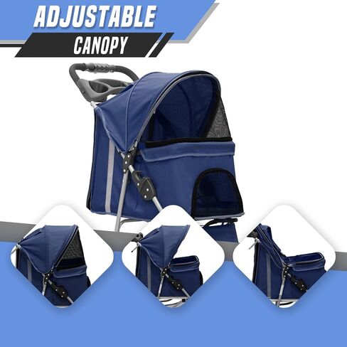 Cat & Dog Stroller, 3-Wheels Foldable Pet Stroller for Medium/Puppy Dogs & Cats, 30 Lbs, Breathable Mesh Navy with Storage Basket & Cup Holder in Kuwait