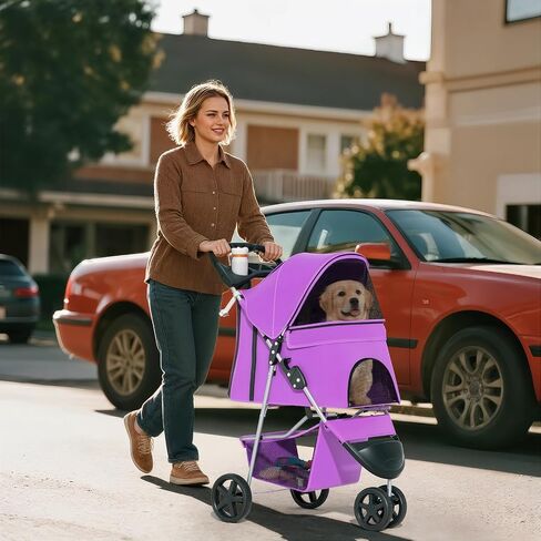 Cat & Dog Stroller, 3-Wheels Foldable Pet Stroller for Medium/Puppy Dogs & Cats, 30 Lbs, Breathable Mesh Navy with Storage Basket & Cup Holder in Kuwait