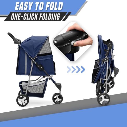 Cat & Dog Stroller, 3-Wheels Foldable Pet Stroller for Medium/Puppy Dogs & Cats, 30 Lbs, Breathable Mesh Navy with Storage Basket & Cup Holder in Kuwait