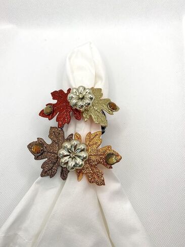 Fall Napkin Rings with Gold Metallic Pumpkin with Felt Glitter Leaves and Brown Beads - Set of 6 in Saudi Arabia